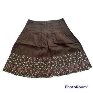 Ann Taylor Linen Skirt Embroidered Floral Brown Size 4 Petite